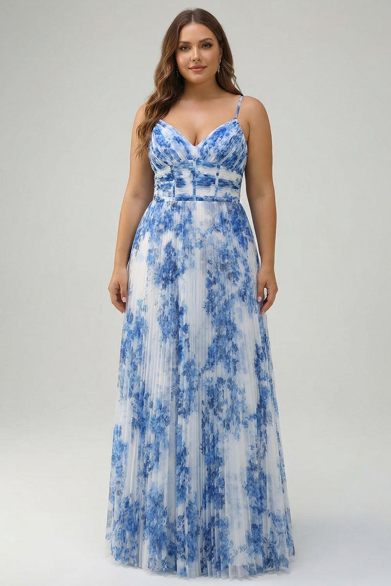 Laden Sie das Bild in den Galerie-Viewer, Weiß-blaue Blumen Spaghettiträger A-Linie Plissiertes Plus-Size Brautjungfernkleid