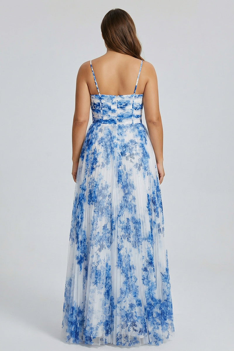 Laden Sie das Bild in den Galerie-Viewer, Weiß-blaue Blumen Spaghettiträger A-Linie Plissiertes Plus-Size Brautjungfernkleid