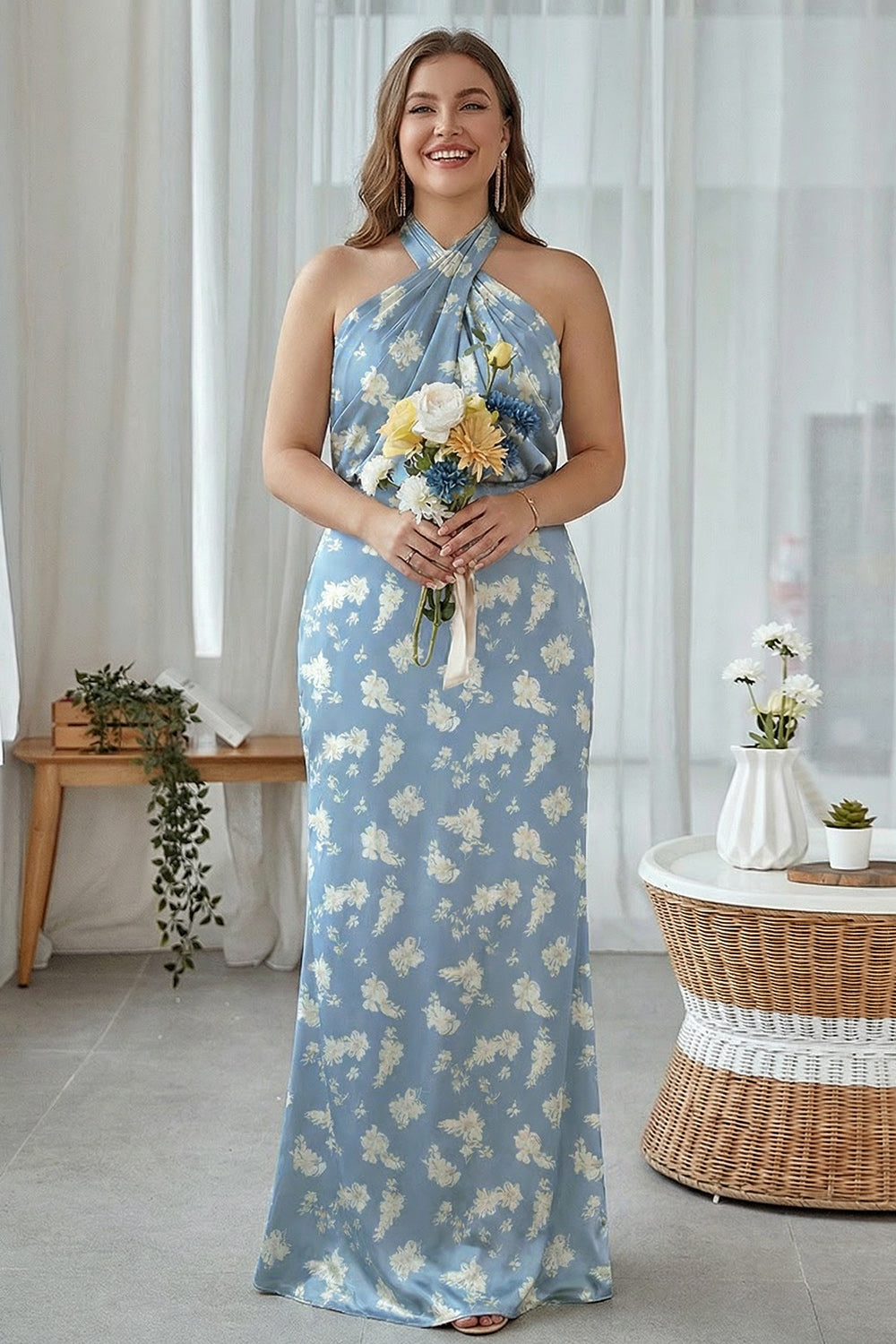 Scheide Halter Blaue Weißblume Plus-Size Bedrucktes Langes Brautjungfernkleid