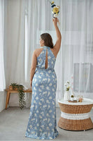 Laden Sie das Bild in den Galerie-Viewer, Marineblaues Bloom Etui Neckholder Satin Langes Satin Brautjungfernkleid