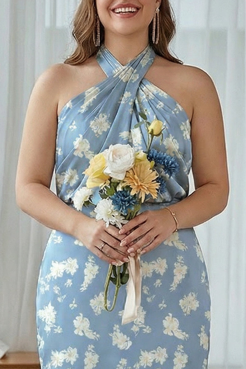 Laden Sie das Bild in den Galerie-Viewer, Scheide Halter Blaue Weißblume Plus-Size Bedrucktes Langes Brautjungfernkleid