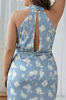 Laden Sie das Bild in den Galerie-Viewer, Scheide Halter Blaue Weißblume Plus-Size Bedrucktes Langes Brautjungfernkleid