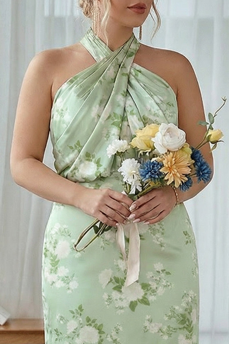 Laden Sie das Bild in den Galerie-Viewer, Marineblaues Bloom Etui Neckholder Satin Langes Satin Brautjungfernkleid