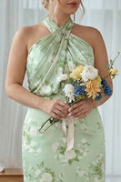 Laden Sie das Bild in den Galerie-Viewer, Scheide Halter Blaue Weißblume Plus-Size Bedrucktes Langes Brautjungfernkleid