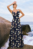 Laden Sie das Bild in den Galerie-Viewer, Marineblaues Bloom A-Linie Spaghettiträger Rückenfreies Druck Satin Langes Brautjungfernkleid