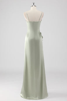 Salbei Langes Brautjungfernkleid aus Satin mit V-Ausschnitt und Rüschen