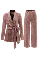 Laden Sie das Bild in den Galerie-Viewer, 2 Stück Schal Revers Marineblaue Damenanzüge mit Gürtel