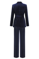 Laden Sie das Bild in den Galerie-Viewer, Marineblaues Schalrevers 2 Stück Damenanzüge mit Gürtel