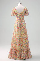 Laden Sie das Bild in den Galerie-Viewer, Gelbes Chiffon A-Linie V-Ausschnitt Ballkleid mit Blumendruck und kurzen Ärmeln
