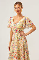 Laden Sie das Bild in den Galerie-Viewer, Gelbes A-Linie V-Ausschnitt Blumendruck Ballkleid mit kurzen Ärmeln