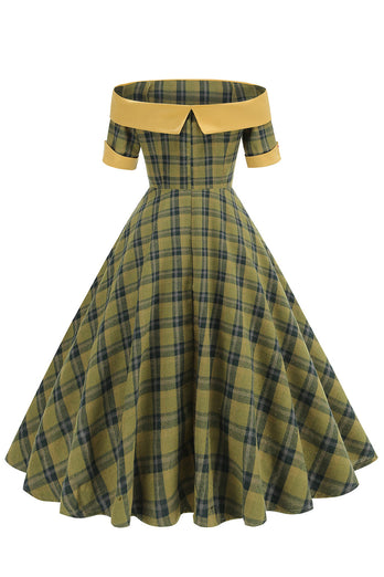 Schulterfreies grünes Gitter kleid aus den 1950er Jahren