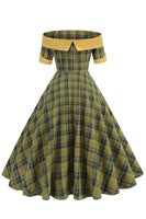 Laden Sie das Bild in den Galerie-Viewer, Schulterfreies grünes Gitter kleid aus den 1950er Jahren