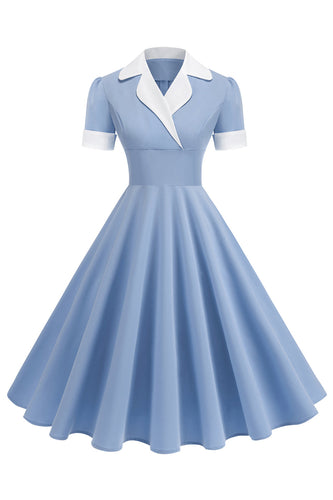 Blaues A-Linie V-Ausschnitt Kleid aus den 1950er Jahren mit kurzen Ärmeln