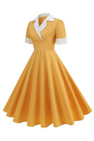 Laden Sie das Bild in den Galerie-Viewer, Blaues A-Linie V-Ausschnitt Kleid aus den 1950er Jahren mit kurzen Ärmeln