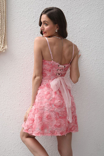 Kurzes A-Linie Rosa Blumen Partykleid mit Spaghettiträgern