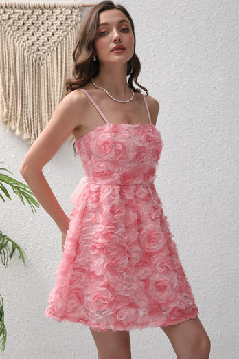 Kurzes A-Linie Rosa Blumen Partykleid mit Spaghettiträgern