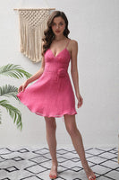 Laden Sie das Bild in den Galerie-Viewer, Fuchsia A-Linie Spaghettiträger Blume Kurzes Partykleid