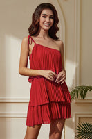 Laden Sie das Bild in den Galerie-Viewer, Rotes kurzes Falten Partykleid mit einer Schulter