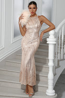 Laden Sie das Bild in den Galerie-Viewer, Glitzerndes Champagner Meerjungfrauen Neckholder Partykleid mit Pailletten