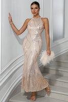 Laden Sie das Bild in den Galerie-Viewer, Glitzerndes Champagner Meerjungfrauen Neckholder Partykleid mit Pailletten
