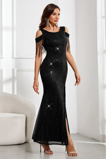 Glitzerndes schwarzes Meerjungfrauen Partykleid mit kalten Schultern und Schlitz