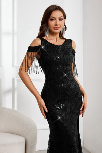 Glitzerndes schwarzes Meerjungfrauen Partykleid mit kalten Schultern und Schlitz