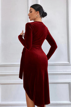 Burgundy Wickelkleid aus Samt mit langen Ärmeln