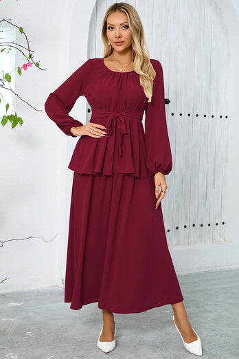 Langes A-Linie Dusty Rose Partykleid aus gestuftem Chiffon mit langen Ärmeln