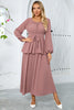 Laden Sie das Bild in den Galerie-Viewer, Langes A-Linie Dusty Rose Partykleid aus gestuftem Chiffon mit langen Ärmeln