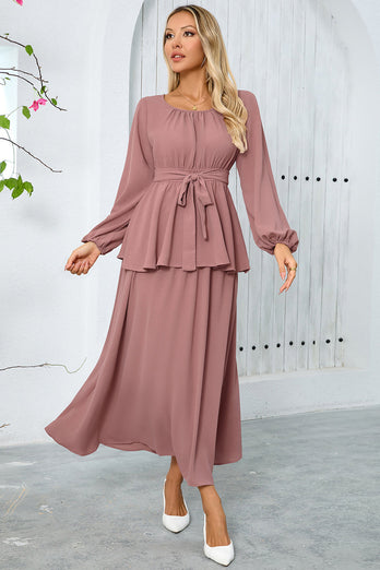 Langes A-Linie Dusty Rose Partykleid aus gestuftem Chiffon mit langen Ärmeln