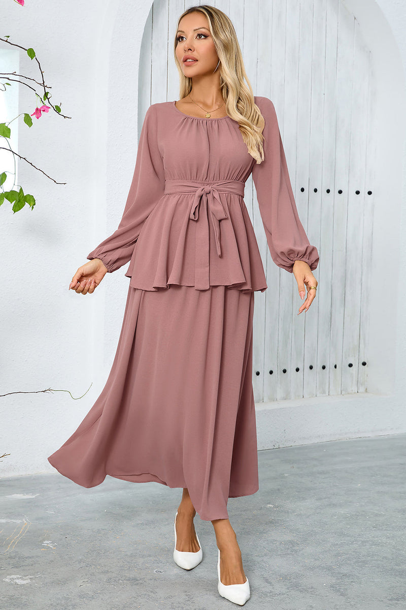 Laden Sie das Bild in den Galerie-Viewer, Langes A-Linie Dusty Rose Partykleid aus gestuftem Chiffon mit langen Ärmeln