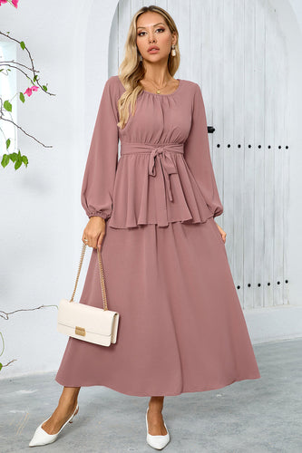 Langes A-Linie Dusty Rose Partykleid aus gestuftem Chiffon mit langen Ärmeln