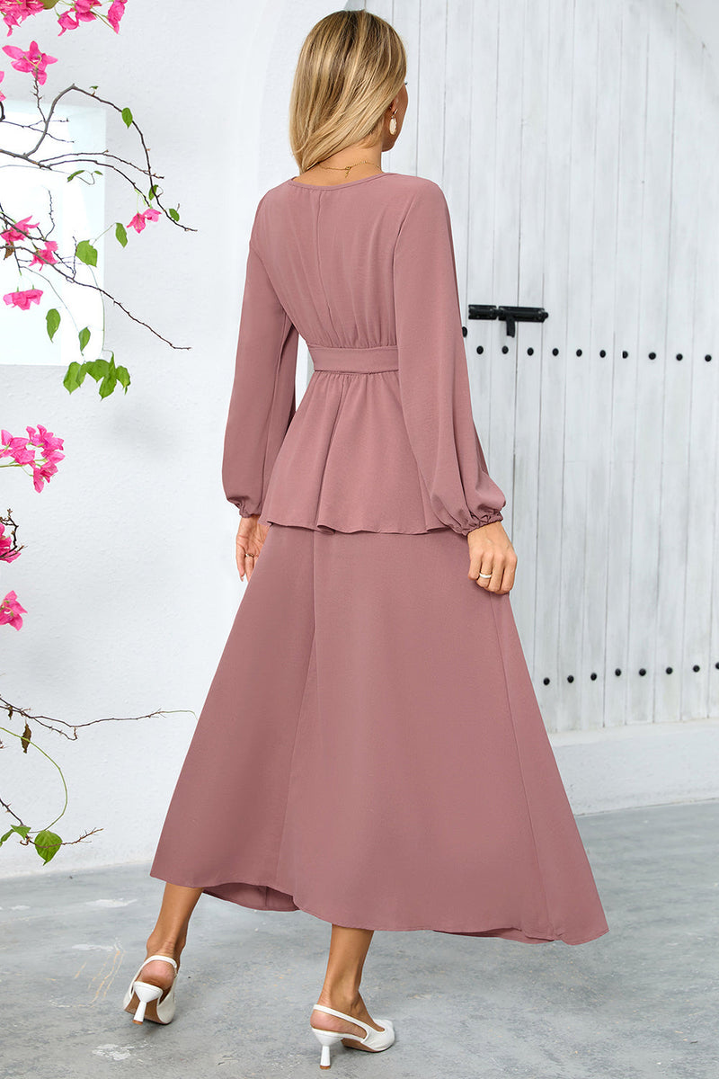 Laden Sie das Bild in den Galerie-Viewer, Langes A-Linie Dusty Rose Partykleid aus gestuftem Chiffon mit langen Ärmeln