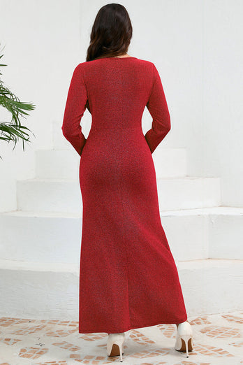 Rotes Meerjungfrauen Partykleid mit Rundhalsausschnitt und langen Ärmeln