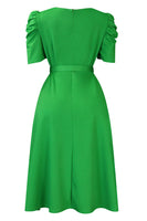 Laden Sie das Bild in den Galerie-Viewer, Königsblaues A-Linie V-Ausschnitt Cocktailkleid mit kurzen Ärmeln und Gürtel