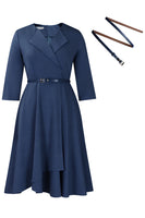 Laden Sie das Bild in den Galerie-Viewer, Grau Blau A-Linie Revers Langärmeliges Cocktailkleid