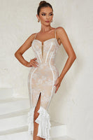 Laden Sie das Bild in den Galerie-Viewer, Schwarzes bedrucktes Korsett Teelanges Ballkleid mit Rüschen und Schlitz