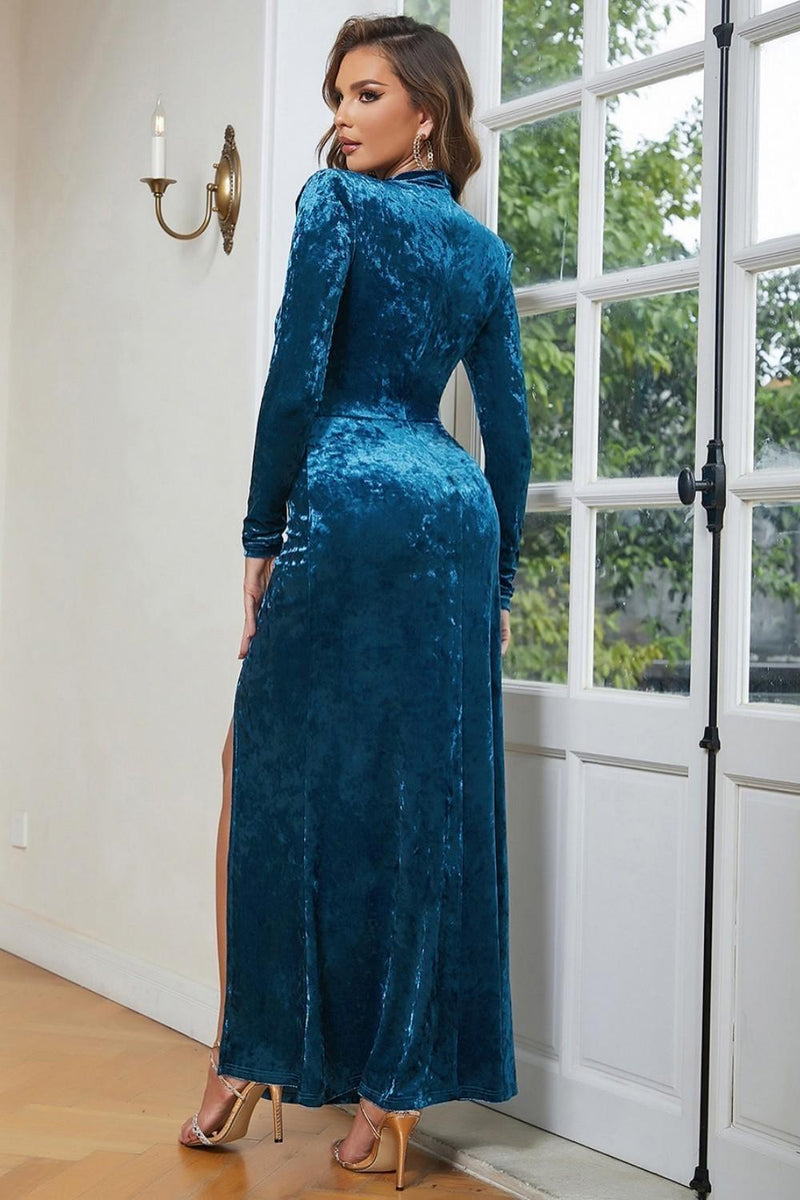 Laden Sie das Bild in den Galerie-Viewer, Blaues Samt Ballkleid mit hohem Kragen und langen Ärmeln