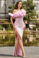 Laden Sie das Bild in den Galerie-Viewer, Hellrosa Meerjungfrau Rüschen Langes Ballkleid mit Schlitz