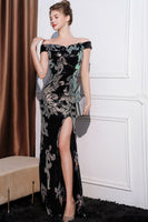 Laden Sie das Bild in den Galerie-Viewer, Glitzernde Blume Schwarzes Meerjungfrau Schulterfreies Langes Ballkleid mit Schlitz