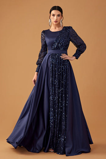 Glitzer Pailletten Marineblaues A Linie Langes Ballkleid mit langen Ärmeln