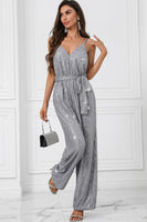 Laden Sie das Bild in den Galerie-Viewer, Grauer Glitzer Pailletten Jumpsuit mit weitem Bein