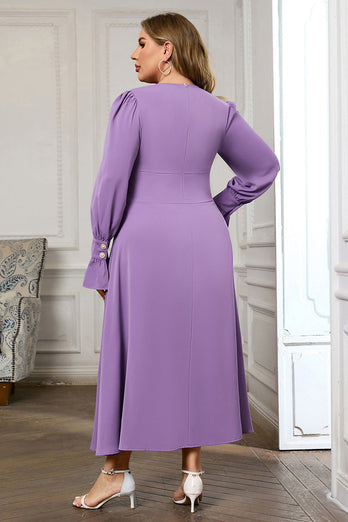 Violettes V-Ausschnitt Midikleid mit langen Ärmeln