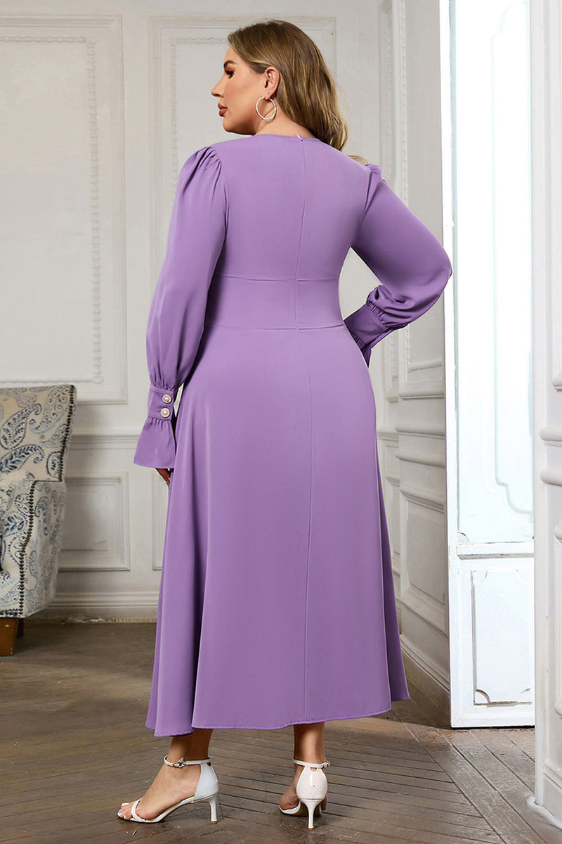 Laden Sie das Bild in den Galerie-Viewer, Violettes V-Ausschnitt Midikleid mit langen Ärmeln