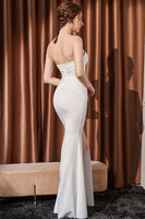 Laden Sie das Bild in den Galerie-Viewer, Meerjungfrau Weißes trägerloses langes Ballkleid mit Schlitz