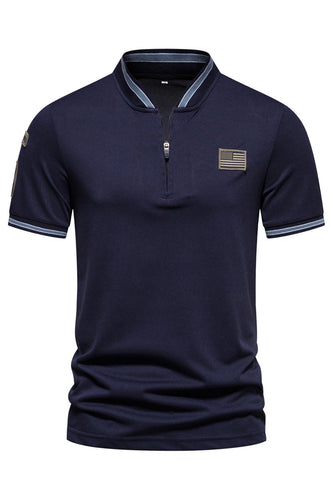 Marineblaues Poloshirt aus Baumwolle mit kurzen Ärmeln und Reißverschluss