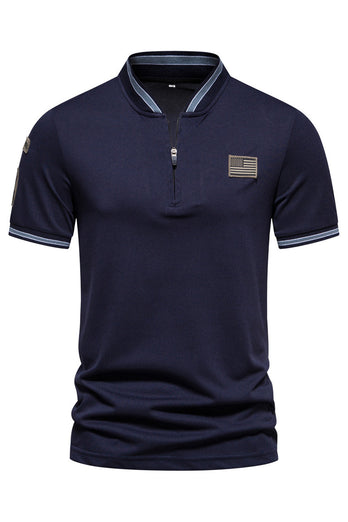 Marineblaues Poloshirt aus Baumwolle mit kurzen Ärmeln und Reißverschluss