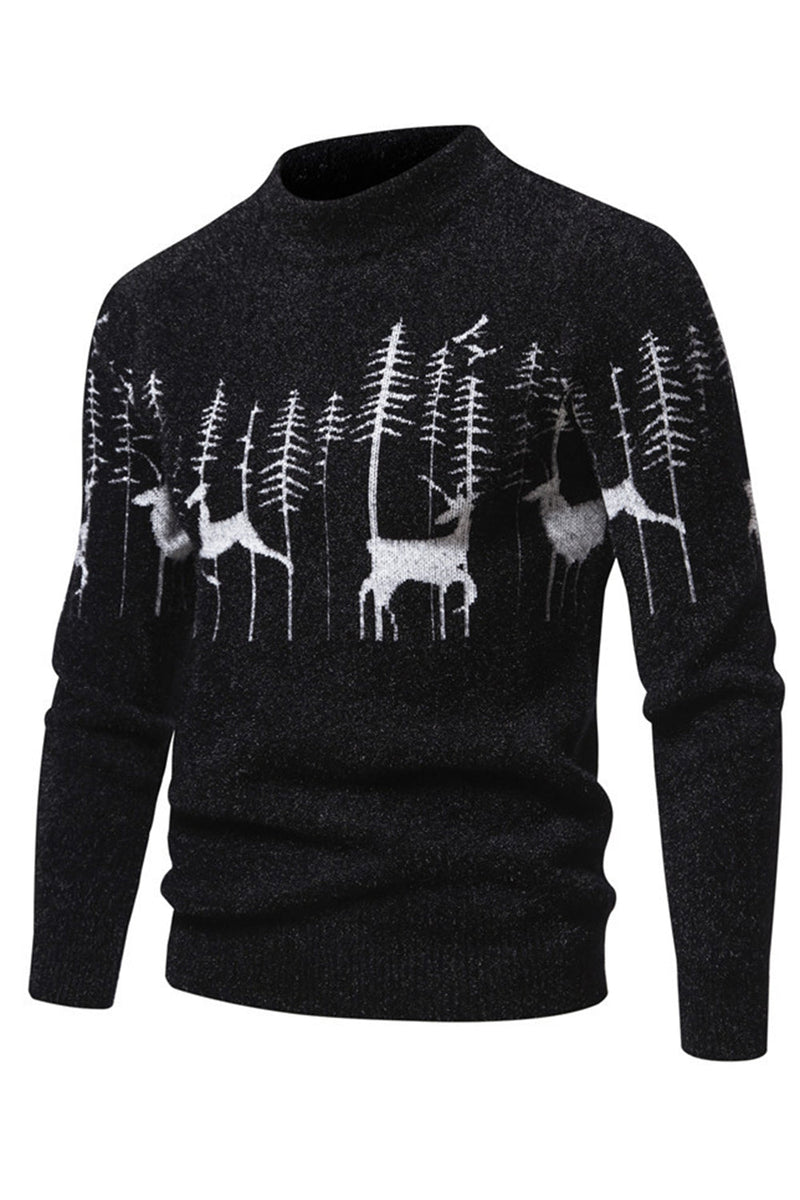 Laden Sie das Bild in den Galerie-Viewer, Schwarzer Slim-Fit Herrenpullover mit Rundhalsausschnitt und Weihnachts-Hirsch-Druck