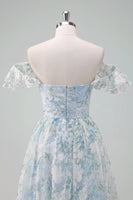 Laden Sie das Bild in den Galerie-Viewer, Hellblaues A-Linie Ballkleid mit Blumendruck und Flügelärmeln