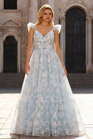 Laden Sie das Bild in den Galerie-Viewer, Hellblaues A-Linie Ballkleid mit Blumendruck und Flügelärmeln